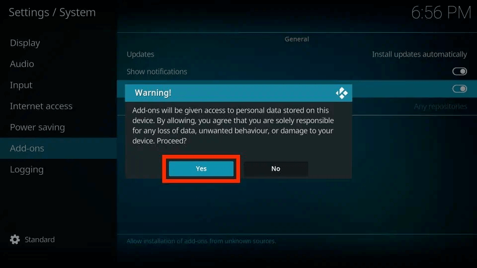 a warning prompt from Kodi